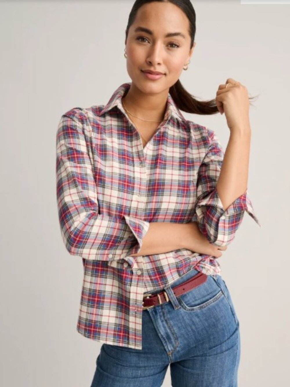 UNTUCKit for Her Plaid Cotton Button Front Sadie Shirt Red Blue White Size 6